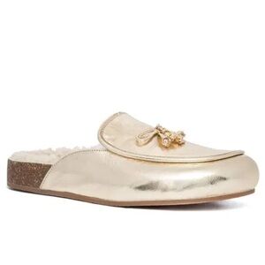 Like New Tory Burch Soft Gold Charm Shearling Mules